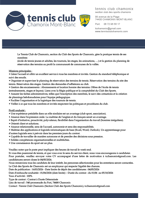 offre d'emploi Tennis